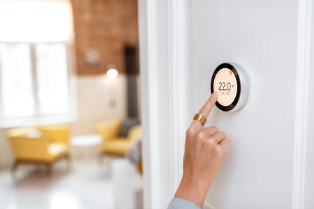 Woman regulating heating temperature with a modern wireless thermostat installed on the white wall...