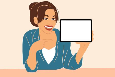 Portrait of a young smiling woman holding digital tablet with white screen to copy paste. Colorful vector illustration in flat cartoon styleのイラスト素材