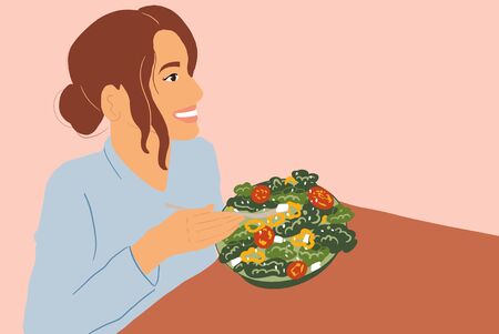 Happy young woman eating healthy salad. Colorful vector illustration in flat cartoon styleのイラスト素材