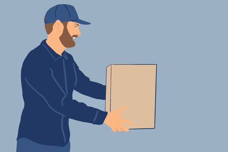 Delivery man in cap with a parcel on the blue background. Concept of delivery and online shopping. Colorful vector illustration in flat cartoon styleのイラスト素材
