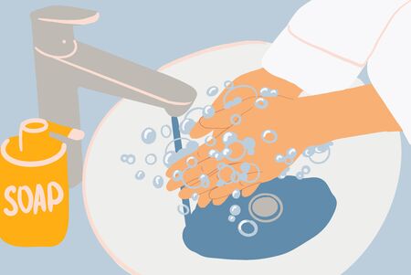 Woman washing hands with a soap at the bathroom, close-up. Vector illustration in flat cartoon styleのイラスト素材