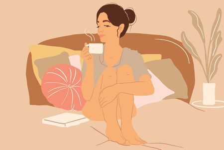 Cute woman with a coffee cup at cozy home atmosphere. Home comfort concept. Colorful vector illustration in flat cartoon styleのイラスト素材