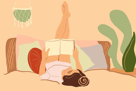Woman reading book while rest on the bed at cozy home atmosphere. Stay at home concept. Colorful vector illustration in flat cartoon styleのイラスト素材