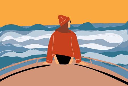 Female traveler sailing on a ship, enjoying beautiful wavy seascape. Concept of a travel and carefree lifestyle. Vector illustration in flat cartoon styleのイラスト素材
