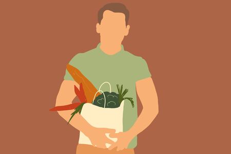 Portrait of a man with shopping bag full of fresh groceries on the color background. Vector illustration in flat cartoon style with no faceのイラスト素材