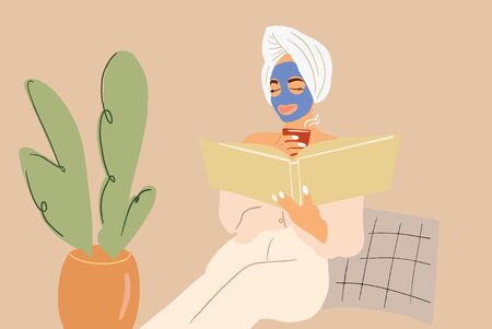 Woman reading a book during some beauty treatments, applying facial mask at home. Vector illustration in flat cartoon styleのイラスト素材