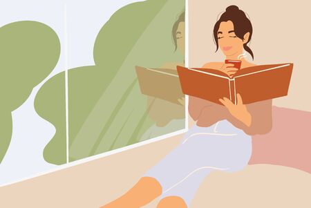 Woman reading book while relaxing near the window at home. Vector illustration in flat cartoon styleのイラスト素材