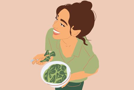 Portrait of a woman with a bowl filled with healthy vegan meal standing on the background. Vector illustration in flat cartoon styleのイラスト素材