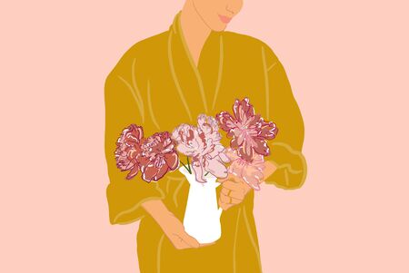 Woman in yellow bathrobe holding vase with a flowers on the background. Vector illustration in flat styleのイラスト素材