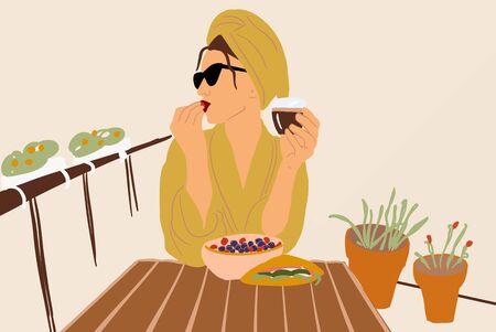 Vector illustration of a relaxed woman in bathrobe and towel enjoying food on the beautiful balcony with flowersのイラスト素材