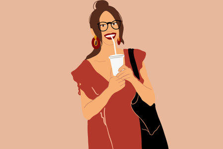 Portrait of a beautiful woman dressed in red dress with a coffee cup on the background. Spanish style conceptのイラスト素材