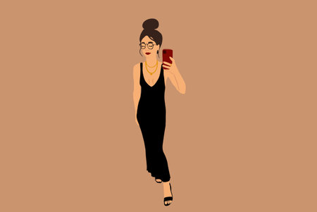 Full length portrait of an elegant woman dressed in black tie style, taking photo on phone. Vector...