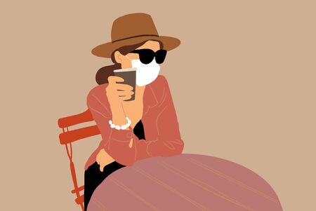 Illustration of a young woman in facial mask sitting on the cafe terrace alone. Concept of social distancing and new social rules after coronavirus pandemicのイラスト素材