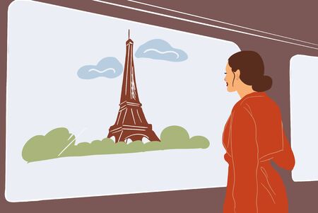 Young woman enjoying beautiful view on the Eiffel tower from the subway, traveling in Paris. Vector illustration in flat styleのイラスト素材
