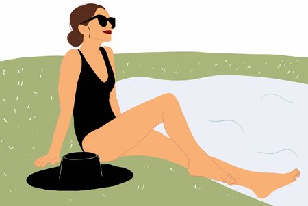 Woman in black swimwear sunbathing on the green meadow near the swimming pool, on a summer vacation. Vector illustration in flat styleのイラスト素材