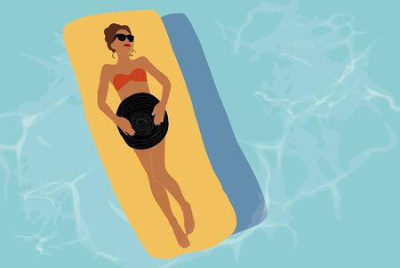 Woman sunbathing on the inflatable mattress on a swimming pool, view from above. Vector illustration in flat styleのイラスト素材