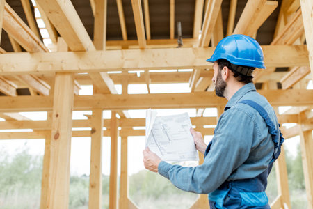 Builder in blue overalls and hard hat with blueprints on the construction site, building wooden...