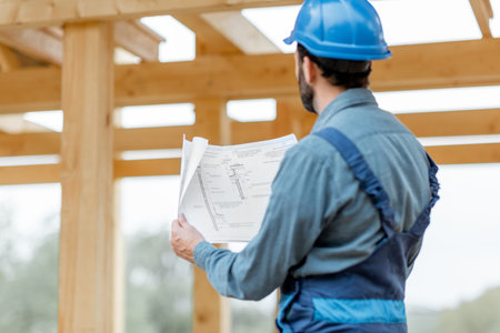 Builder in blue overalls and hard hat with blueprints on the construction site. Building wooden...