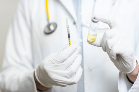 Doctor holding syringe with some medication or vaccine, close-up view focused on hands in medical glovesの写真素材