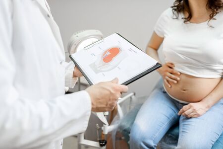 Doctor with pregnant woman during a medical consultation in gynecological office, showing some medical schemes for understanding, cropped view without facesの写真素材