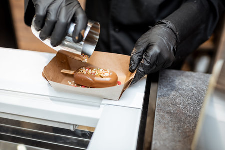 Chef sprinkles toppings on a chocolate ice cream, close-upの写真素材