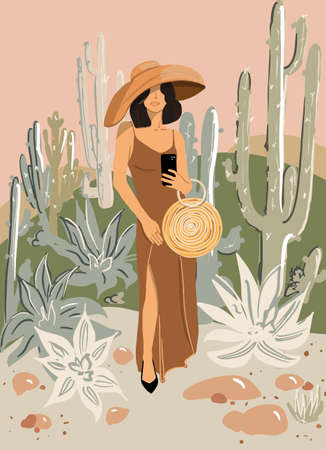 Full length portrait of a gorgeous lady with hat and bag on a tropical background. Vector illustration in flat styleのイラスト素材