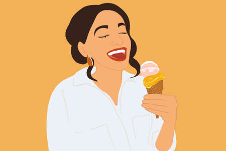 Portrait of a happy woman with ice cream in a waffle cone on a yellow background. Vector illustration in flat styleのイラスト素材