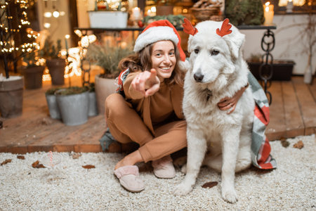 Portrait of a woman in christmas hat with her cute dog celebrating a New Year holidays, sitting together on the beautifully decorated terrace at homeの写真素材