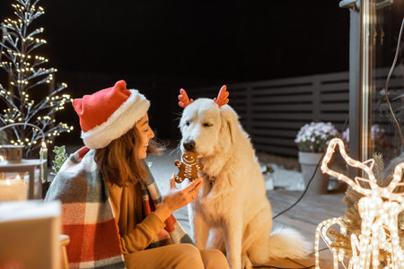 Portrait of a woman in christmas hat and plaid with her cute dog celebrating a New Year holidays on...