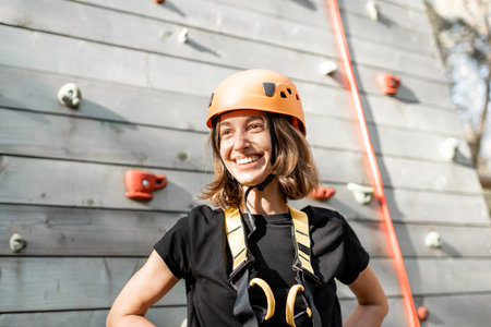 Portrait of a happy young woman in sports equipment near the climbing wall in the park for sports entertainmentの写真素材