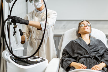 Young woman preparing for a rejuvenation treatment at medical SPA office with a doctor on the backgroundの写真素材