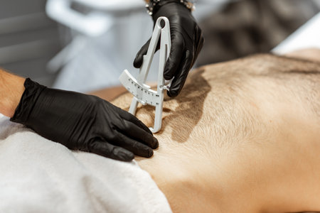 Determining the amount of sebum on male abdomen using medical caliper, close-upの写真素材