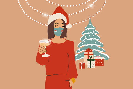 Sad woman in facial mask celebrating alone New Year holidays at home. Vector illustration in flat style.のイラスト素材