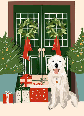 Illustration of a beautifully decorated for the New Year a house entrance with white dog sitting in frontのイラスト素材