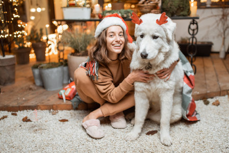 Portrait of a woman in christmas hat with her cute dog celebrating a New Year holidays, sitting together on the beautifully decorated terrace at homeの写真素材
