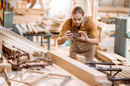 Carpenter photographing with a smart phone his woodwork on the workbench in the joiners shop. Concept of mobile technologies in carpentryの写真素材