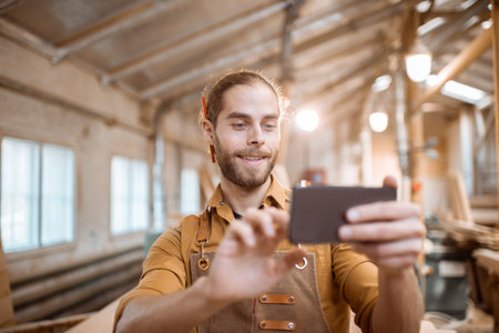 Handsome carpenter talking on smart phone or using phone to design some woodwork in the carpentry shop. Concept of mobile technologies in carpentryの写真素材