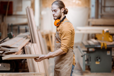 Handsome carpenter choosing planks for his woodwork at the joiners warehouseの写真素材