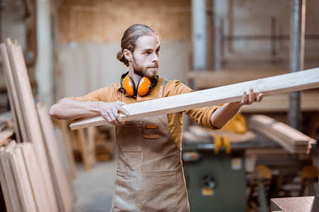 Handsome carpenter choosing planks for his woodwork at the joiners warehouseの写真素材