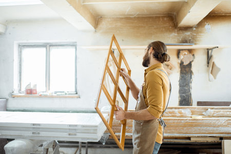 Handsome carpenter checking the quality of the window frame before the paint at the carpentry...