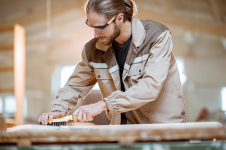 Handsome carpenter in uniform brushing wood with hand machine at the carpentry manufacturingの写真素材