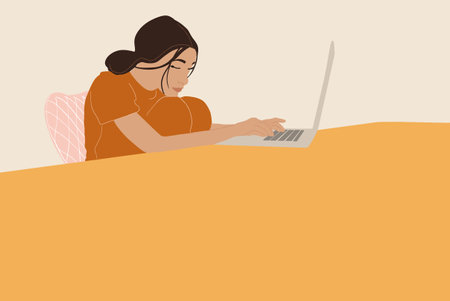 Tired woman working on laptop at home. Vector illustration in pastel tonesのイラスト素材