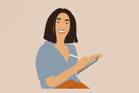 Portrait of smiling woman working on digital tablet. Vector illustration in pastel tonesのイラスト素材