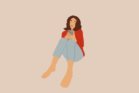 Woman sitting on the floor while chatting in Smartphone. Vector illustrationのイラスト素材