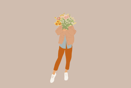 Woman keeping a large spring bouquet instead her head. Vector illustration in flat styleのイラスト素材