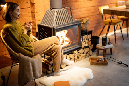 Young woman sitting by a burning fireplace, relaxing with a hot drink in cozy loft-style interior during a winter timeの写真素材