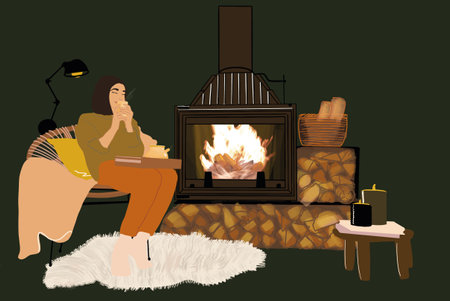 Woman sitting in living room with fireplace and wood cozy decorated. Vector illustration in pastel tonesのイラスト素材