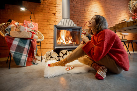 Young woman sits with a Christmas candy by the fireplace. House coziness and warmth during winter holidaysの写真素材