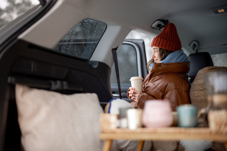 Woman with hot drink sitting in car and have a picnicの写真素材