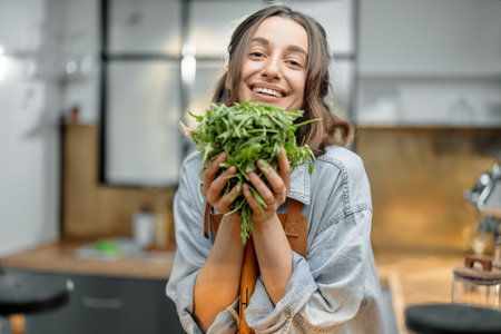 Woman with fresh arugula on the kitchen